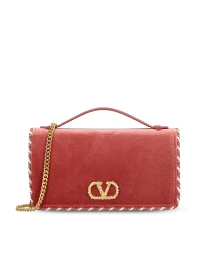 Valentino Velvet Rectangular Shoulder Bag With Top Handle In Red