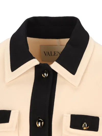 Valentino Wool Coat With Belted Waist And Contrast Trim In Neutral