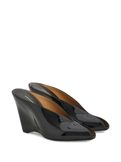 Ferragamo Leather Mules With Wedge Heel And Glossy Finish In Black