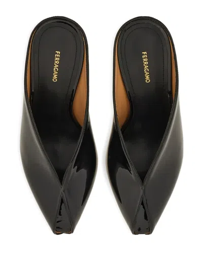Ferragamo Leather Mules With Wedge Heel And Glossy Finish In Black
