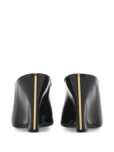 Ferragamo Leather Mules With Wedge Heel And Glossy Finish In Black