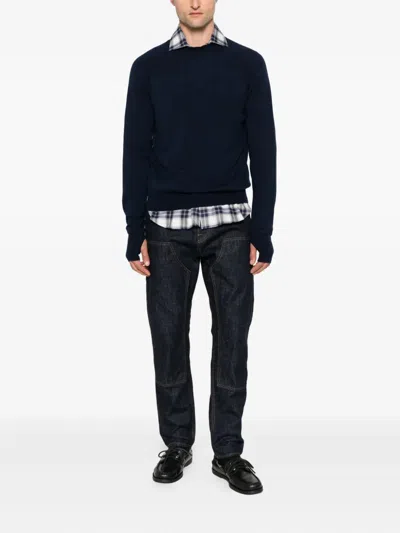 Eleventy Ribbed Crewneck Raglan Sweater With Long Sleeves In Blue