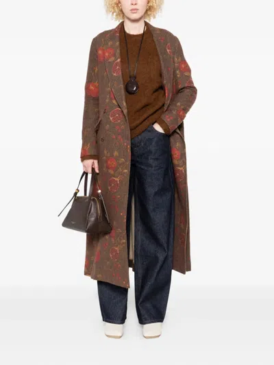 Uma Wang Floral Pomegranate Print Coat With Welt Pockets In Brown