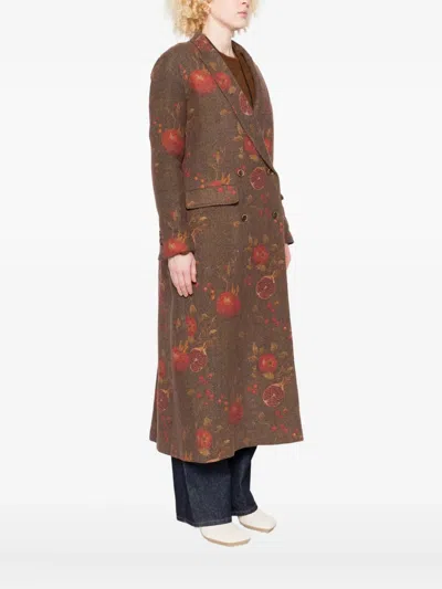 Uma Wang Floral Pomegranate Print Coat With Welt Pockets In Brown