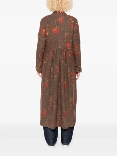 Uma Wang Floral Pomegranate Print Coat With Welt Pockets In Brown
