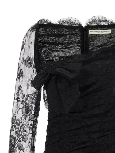 Alessandra Rich Draped Lace Mini Dress With Plunging Neckline In Black