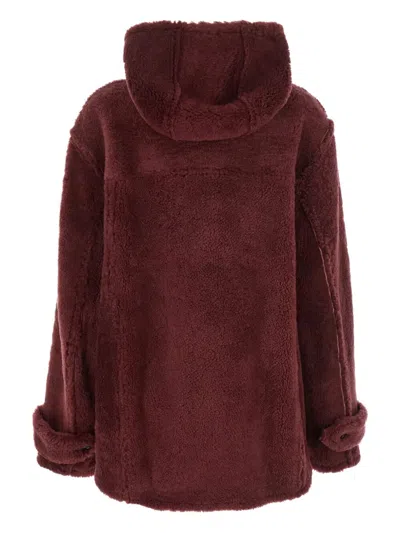 Marni Brown Jacket With Hood With Buttons And Logo Patch On The Front In Fur Woman In Burgundy