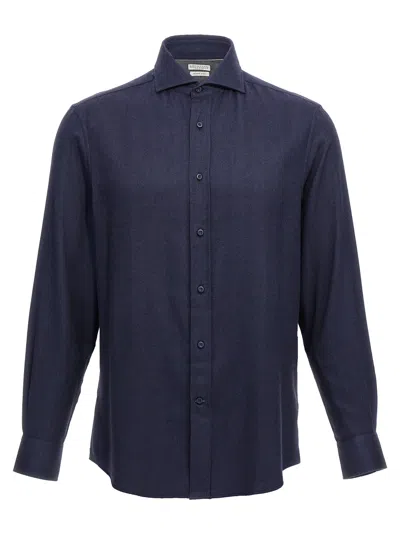 Brunello Cucinelli Herringbone Patterned Cotton-blend Flannel Shirt In Blue