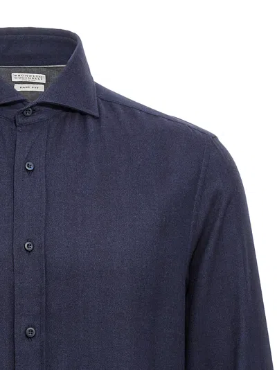 Brunello Cucinelli Herringbone Patterned Cotton-blend Flannel Shirt In Blue