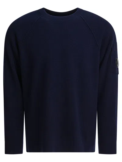 C.p. Company Crewneck Sweater With Arm Pocket And Raglan Sleeves In Blue