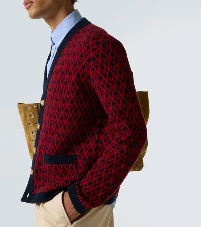 Valentino Toute La V Jacquard Wool Cardigan In Red