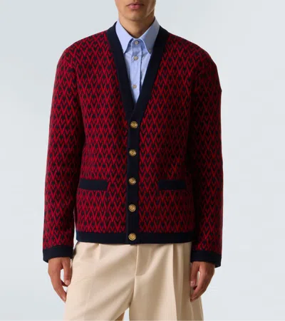 Valentino Toute La V Jacquard Wool Cardigan In Red