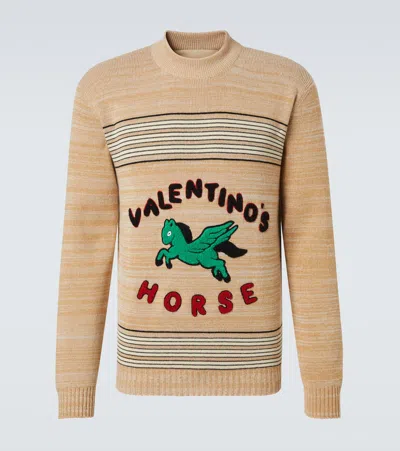 Valentino Pegasus-embroidered Striped Sweater In Brown