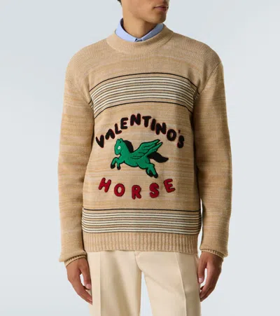 Valentino Pegasus-embroidered Striped Sweater In Brown