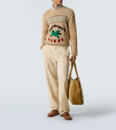 Valentino Pegasus-embroidered Striped Sweater In Brown