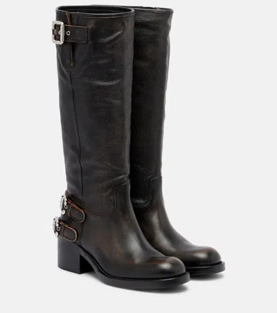 Chloé Dakota Burnished Leather Knee-high Moto Boots In Black