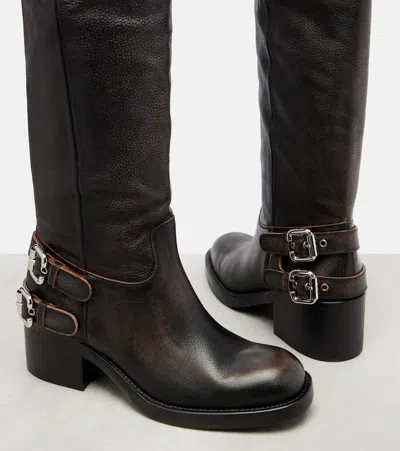 Chloé Dakota Burnished Leather Knee-high Moto Boots In Black