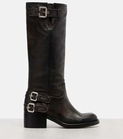 Chloé Dakota Burnished Leather Knee-high Moto Boots In Black