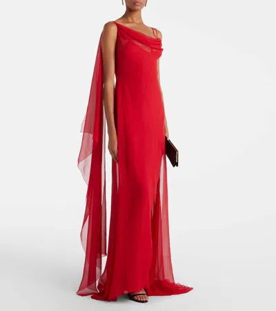 Blumarine Asymmetric Draped Silk Georgette Gown In Red