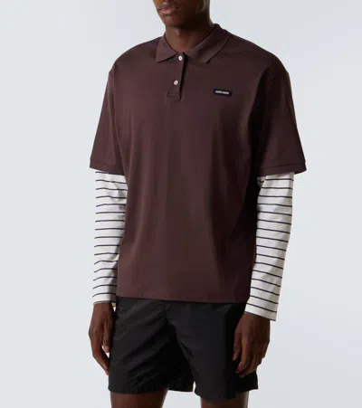 Miu Miu Layered Striped Cotton Polo Shirt In Brown