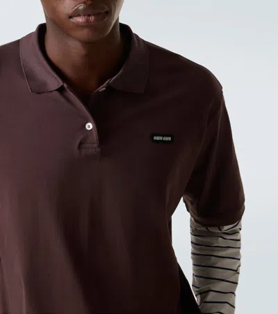 Miu Miu Layered Striped Cotton Polo Shirt In Brown
