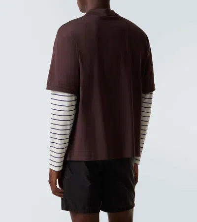 Miu Miu Layered Striped Cotton Polo Shirt In Brown