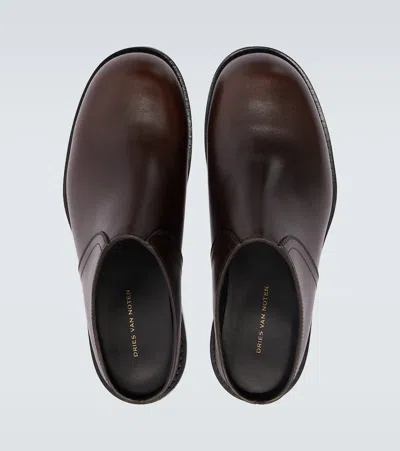Dries Van Noten Round Toe Leather Clogs With Rubber Sole In Brown