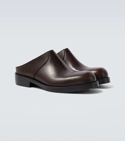 Dries Van Noten Round Toe Leather Clogs With Rubber Sole In Brown