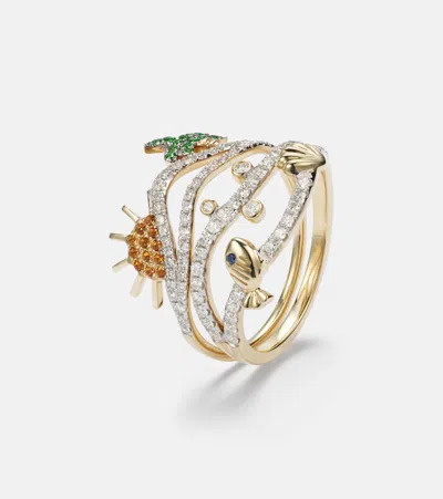 Yvonne Léon La Plage And Sous L'eau Set Of 2 9kt Gold Rings With Gemstones In Gold