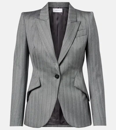 Alexander Mcqueen Herringbone Striped Single-breasted Blazer Jacket In Gray