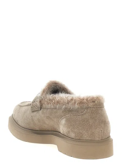 Brunello Cucinelli Suede Loafers With Monile Detail And Fur Lining In Neutral