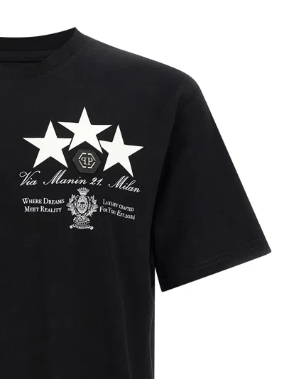 Philipp Plein Crewneck T-shirt With Front Print And Logo Patch In Black