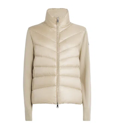 Moncler Quilted High Neck Two-material Cardigan With Feather Padding In Neutral