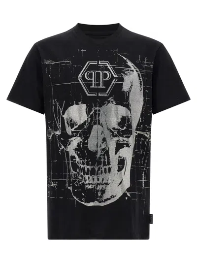 Philipp Plein Crew Neck Black T-shirt With Crystal Skull Design And Logo Patch