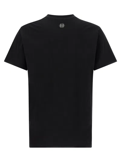 Philipp Plein Crew Neck Black T-shirt With Crystal Skull Design And Logo Patch