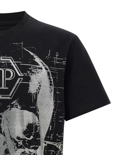 Philipp Plein Crew Neck Black T-shirt With Crystal Skull Design And Logo Patch