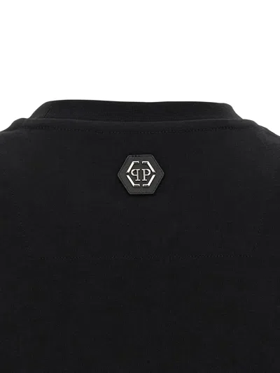 Philipp Plein Crew Neck Black T-shirt With Crystal Skull Design And Logo Patch