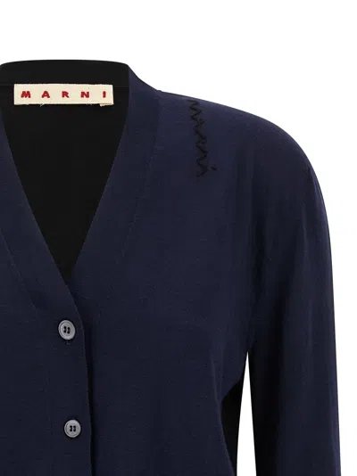 Marni Two-tone Wool And Silk Cardigan With Embroidered Detail In Blue