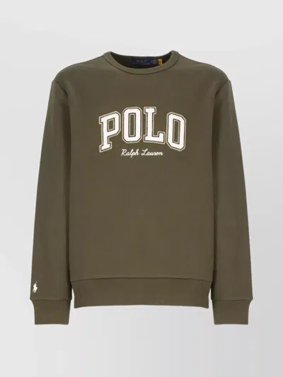 Ralph Lauren Olive Crewneck Embroidered Logo Sweatshirt In Brown