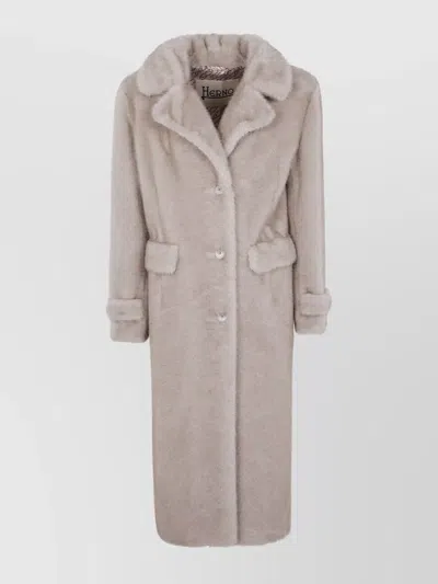 Herno Long Faux Fur Coat With Notched Lapels In Neutral