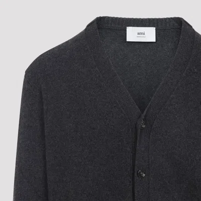 Ami Alexandre Mattiussi Ami Cashmere Blend Cardigan With Deep V-neck In Gray