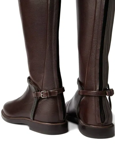 Brunello Cucinelli Classic Leather Boot With Precious Spurs In Brown