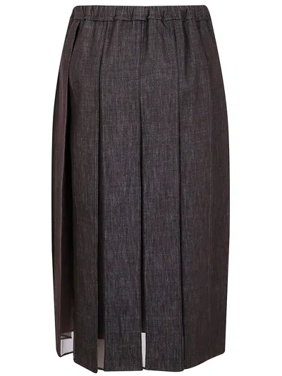 Brunello Cucinelli Pleated Denim Midi Skirt With Elastic Waistband In Brown