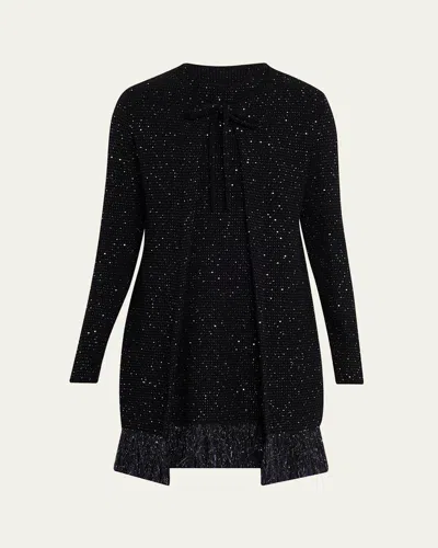 Oscar De La Renta Long Tweed Textured Jacket With Fringe Edges In Black