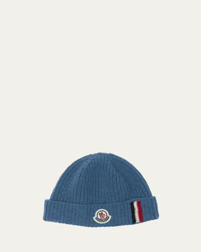 Moncler Boy's Wool Knit Logo Beanie In Blue