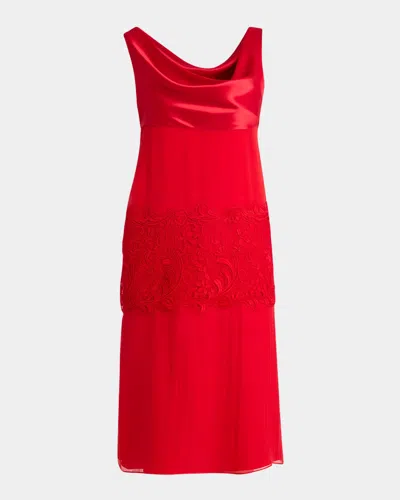 Ferragamo Cowl-neck Lace-insert Midi Dress In Red