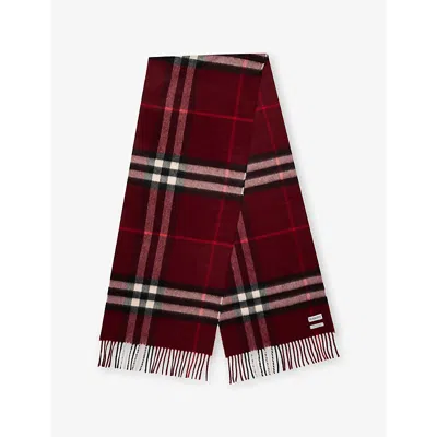 Burberry Check Patterned Cashmere Scarf Fringed Edges In Purple