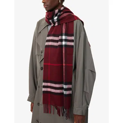 Burberry Check Patterned Cashmere Scarf Fringed Edges In Purple