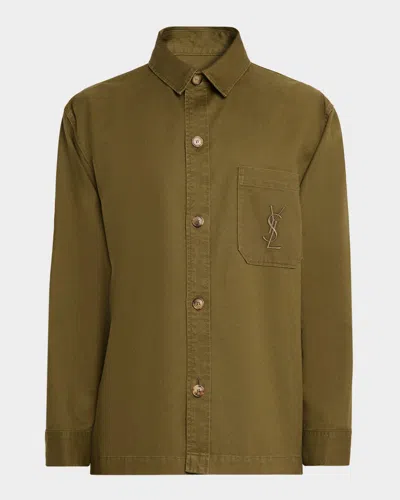 Saint Laurent Green Shirt With Classic Collar And Cassandre Embroidery On The Front In Cotton Man