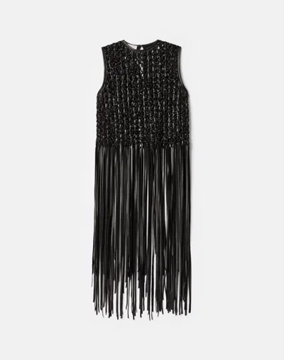 Lafayette 148 Leather Macrame Fringed Sleeveless Blouse In Black
